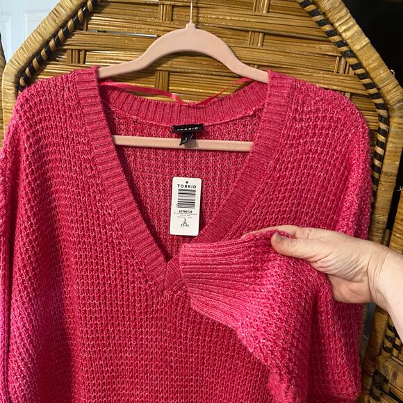 Torrid NWT 3X Virtual Pink Waffle Knit Drop Shoulder V-Neck Pullover Sweater - Picture 5 of 6